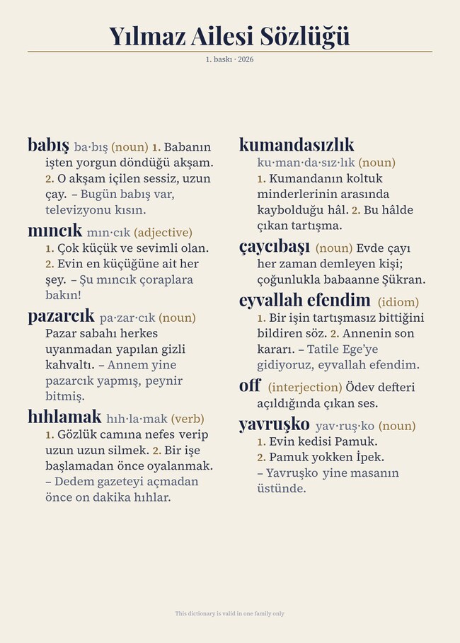 Family Dictionary — the words only your home uses, set like a real dictionary