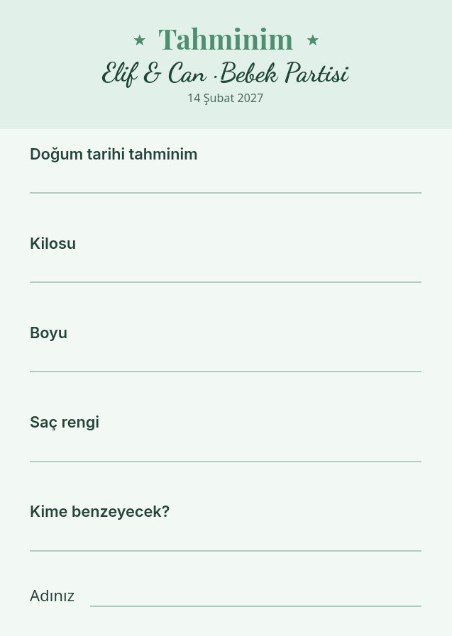 Bebek Tahmin Kartları — misafirleriniz doğum gününü, kilosunu, kime benzeyeceğini tahmin etsin