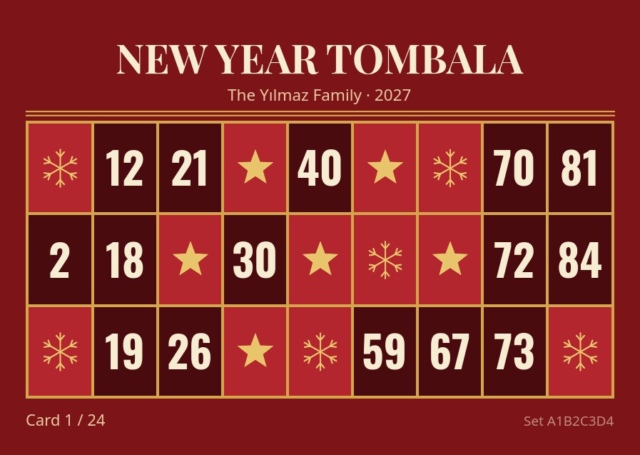 New Year Tombala — every card unique, your name on all of them