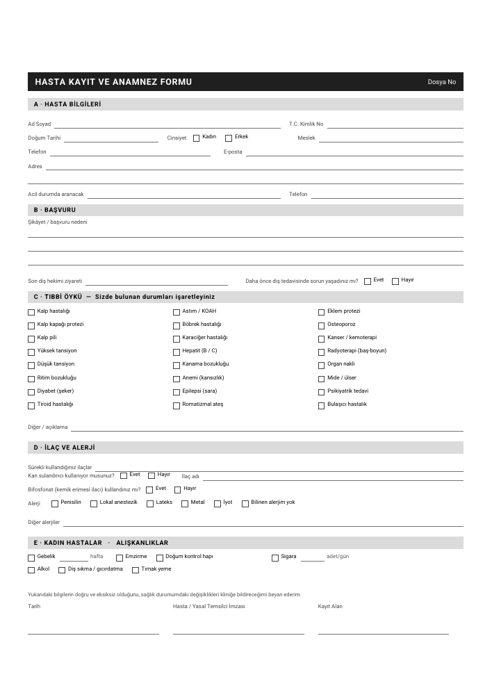 Diş Kliniği Form Seti