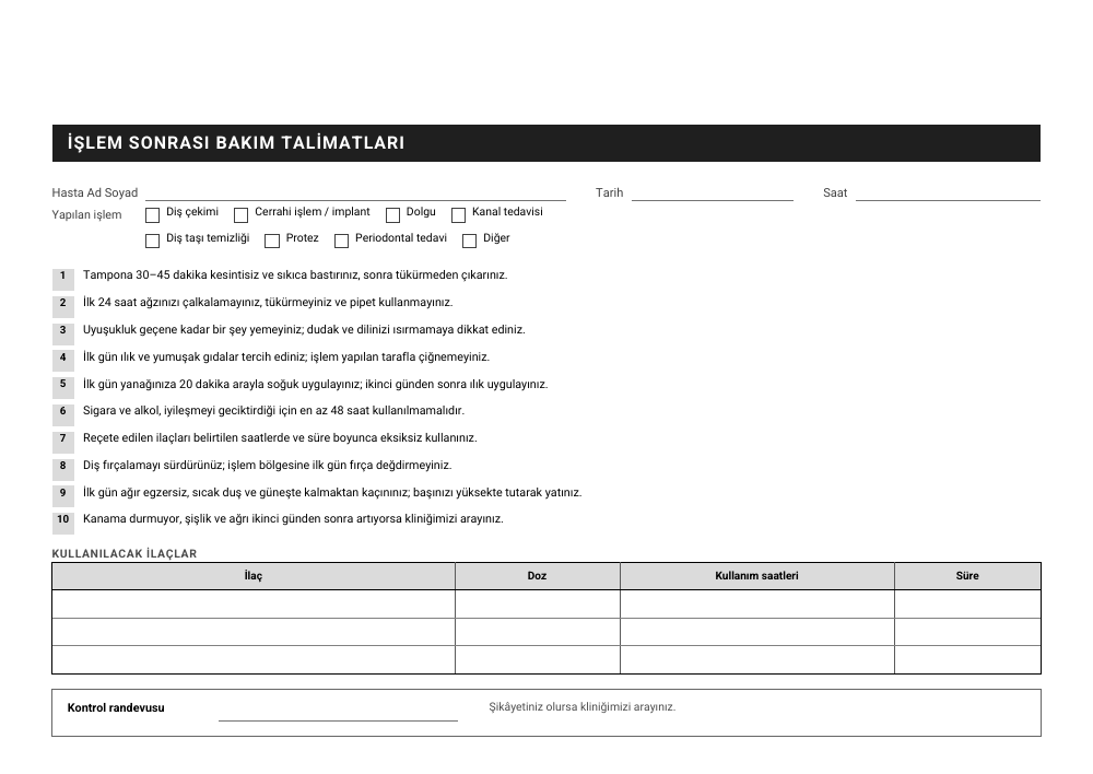 İşlem Sonrası Bakım Talimatları