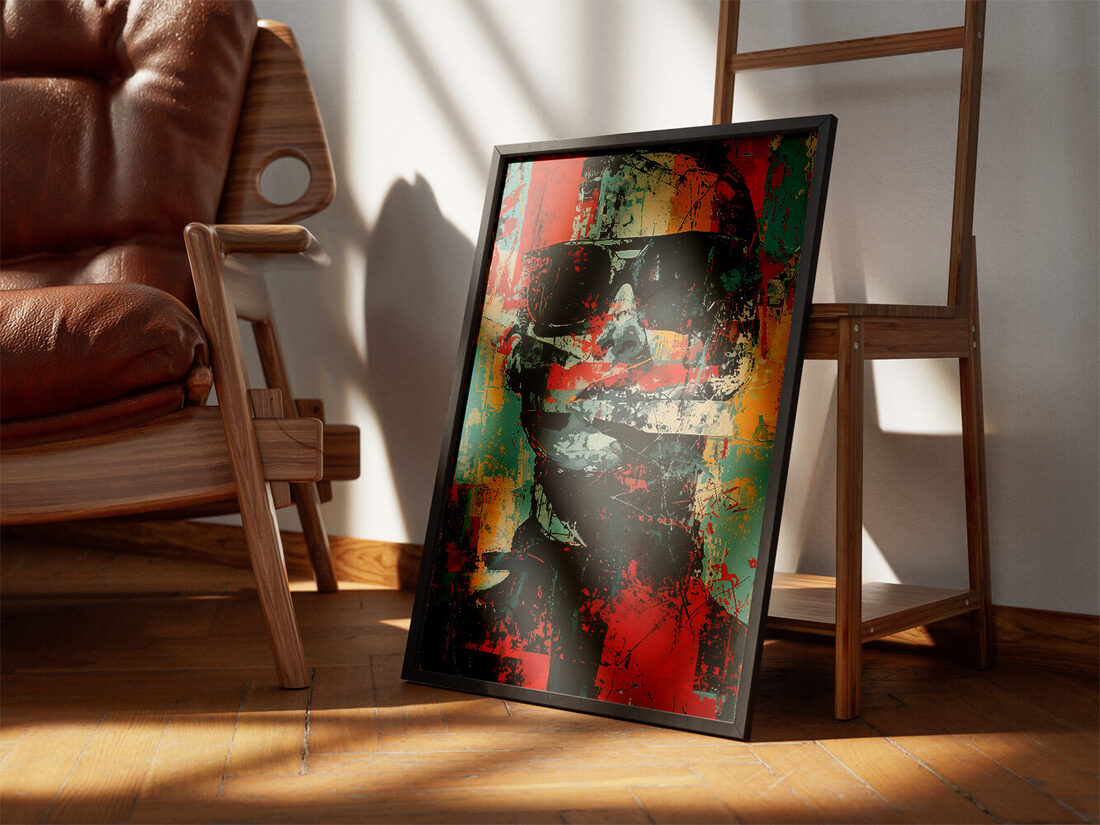 Vibrant abstract expressionist portrait of a person wearing dark sunglasses, with red, teal, black, and yellow paint splatters and distressed textures