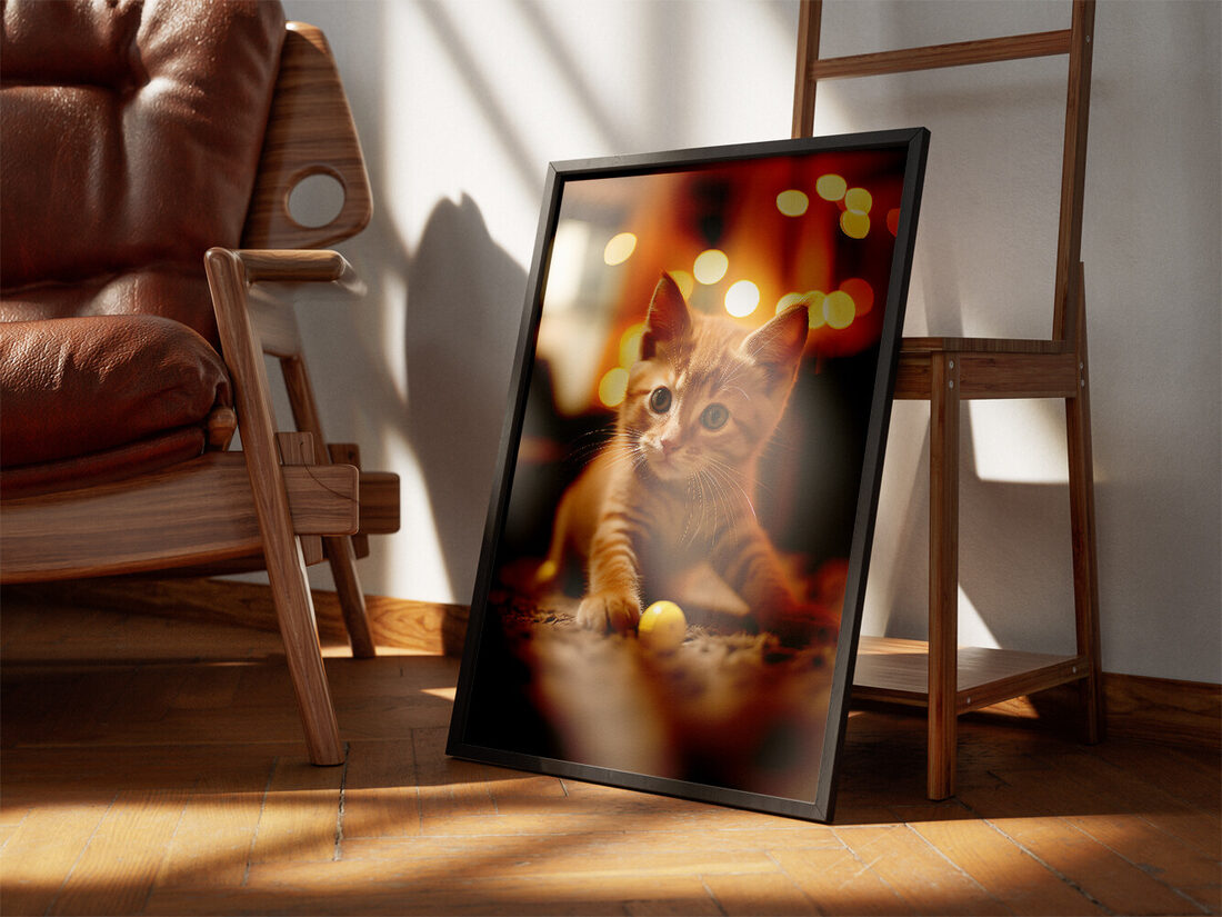 Arka planda sıcak bokeh ışıklarıyla kahverengi bir halı üzerinde sarı toplarla oynayan, iri gözlü sevimli turuncu çizgili bir kedi yavrusunun yakın çekim görüntüsü.