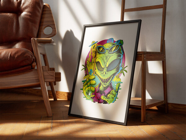 Vibrant pop art illustration of a green alien in sunglasses and Hawaiian shirt, holding a tropical drink, giving a thumbs-up. Tropical background with