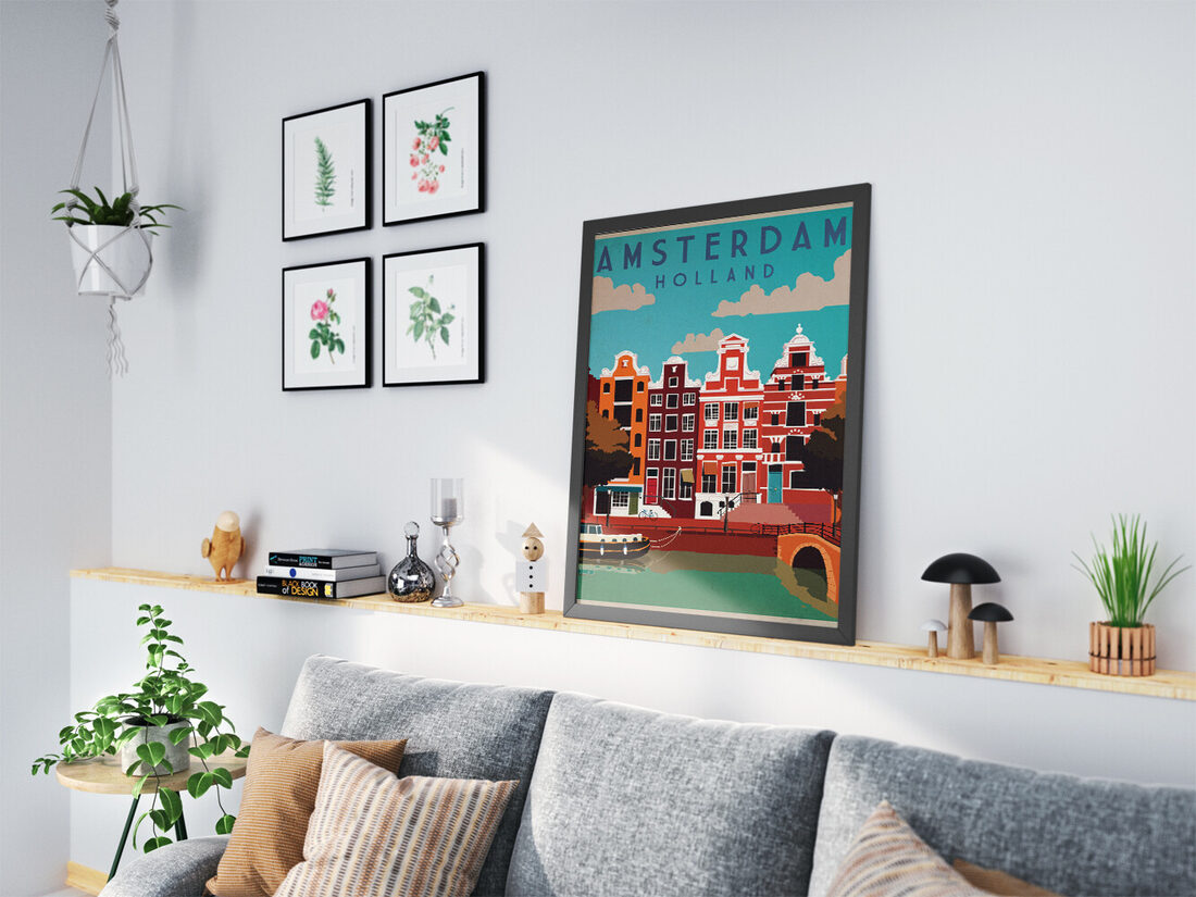 Illustration of colorful traditional Amsterdam canal houses, a boat on the canal, a bridge, and bicycles under a blue sky.