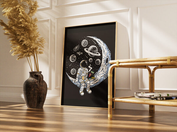 Cartoon illustration of an astronaut sitting on a crescent moon, drinking coffee with donuts floating nearby, surrounded by planets and stars.