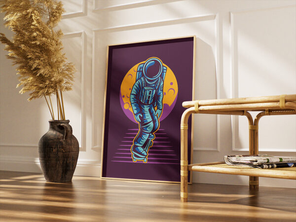 Vibrant digital illustration of an astronaut in an electric blue suit skateboarding against an orange moon and purple background.