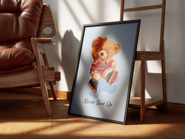 Digital illustration of a brown teddy bear in a red basketball uniform holding a basketball, with 'Never Give Up' text.