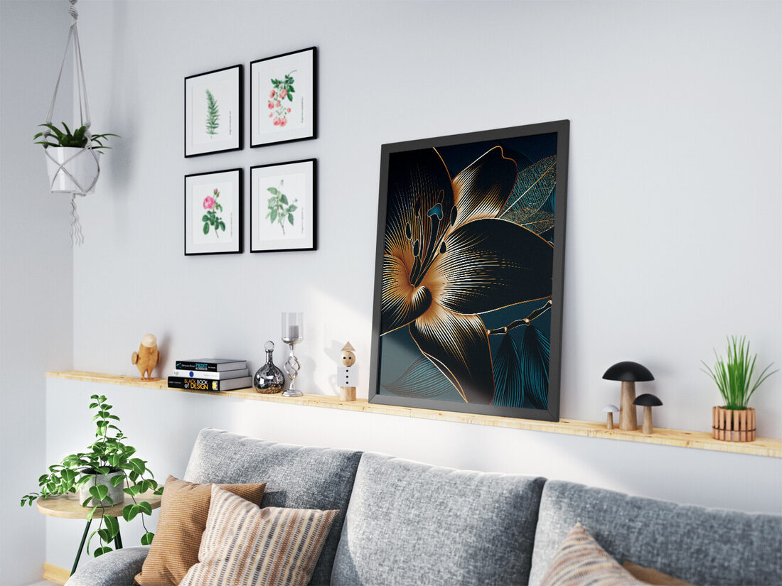 Close-up digital illustration of a stylized black and gold lily flower with radiating lines on a deep teal background.