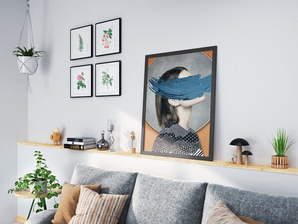 Stylized digital portrait of a woman in profile with a bold blue brushstroke obscuring her eyes, within a circular frame.