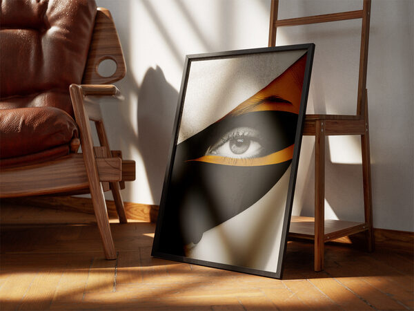 Close-up of a human eye with black, white, and gold diagonal lines painted on the face, creating a dramatic, graphic look.