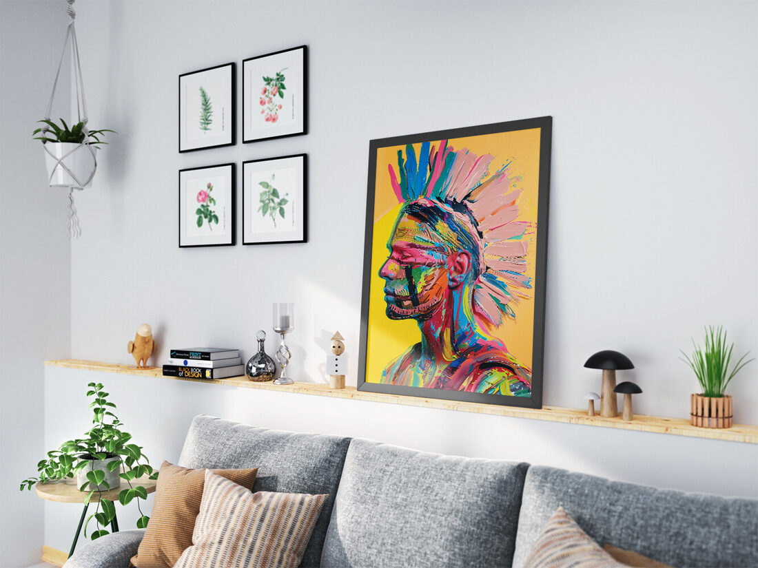 Profile view of a person's head and shoulders, created with thick, vibrant impasto paint strokes forming a colorful mohawk and abstract facial feature