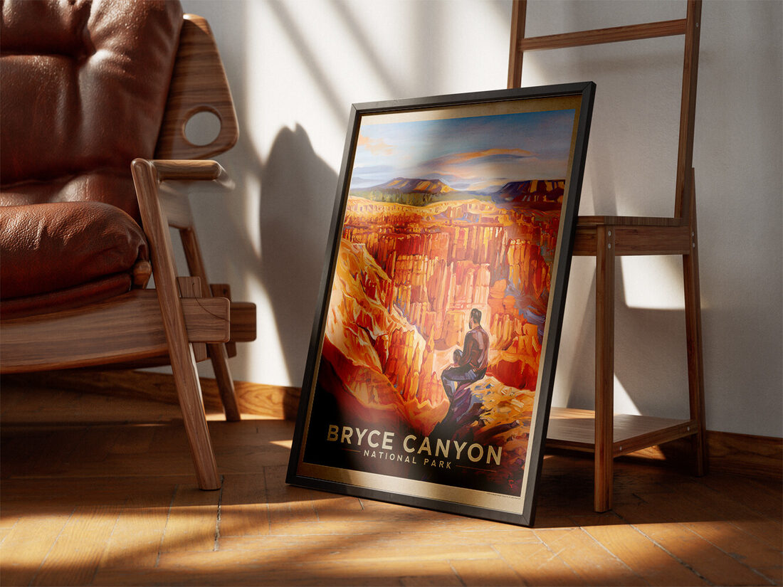 Painterly illustration of Bryce Canyon National Park with orange hoodoos, a blue sky, and a person observing the vista.