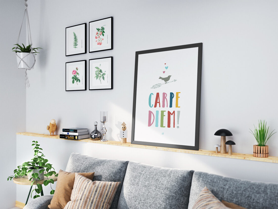 Whimsical illustration of a taupe bird perched on a sage green arrow with three floating hearts and 'CARPE DIEM!' text.