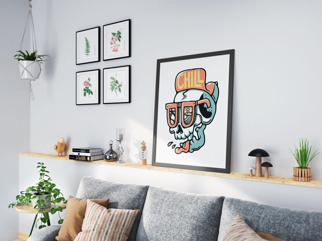 Cartoon skull with teal skin wearing peach sunglasses reflecting a beach scene and a backward 'CHILL' cap.