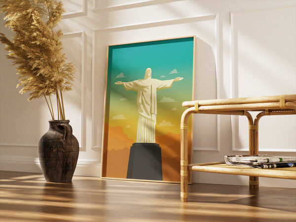 Vector illustration of Christ the Redeemer statue against a gradient sunset sky with orange mountains and white clouds.