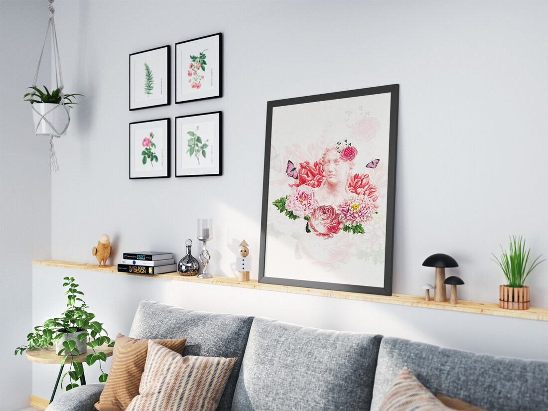 Classical bust of a woman surrounded by vibrant pink and red peonies, roses, chrysanthemums, and butterflies on a light background.