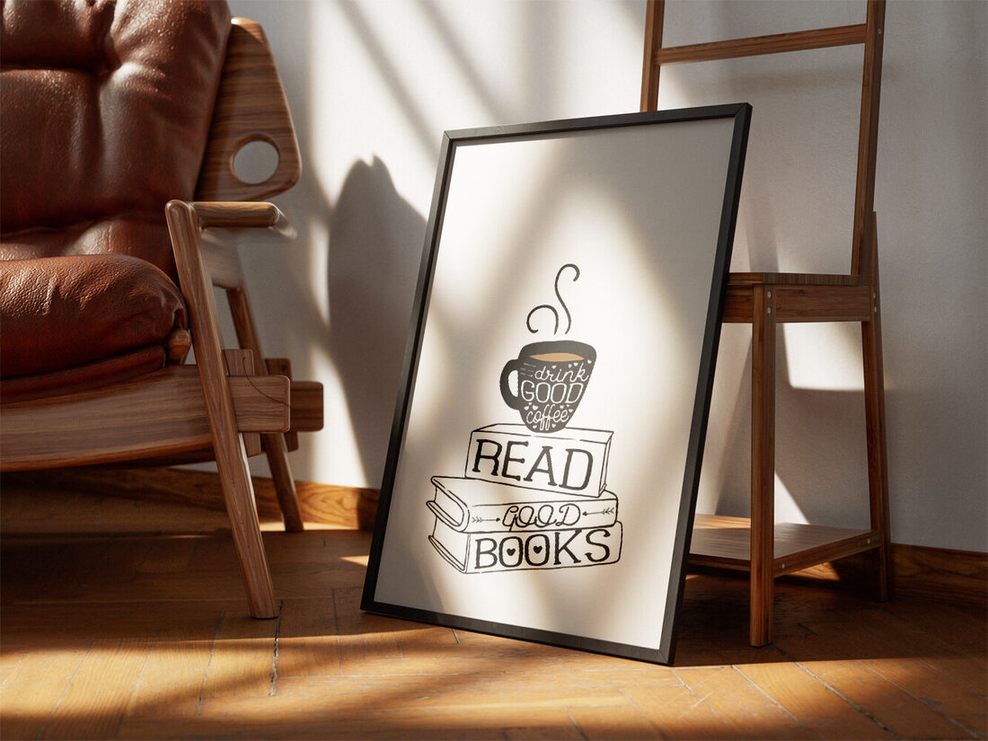 Black and white illustration of a steaming coffee mug on a stack of three books with text 'READ GOOD BOOKS' and 'drink GOOD coffee'.