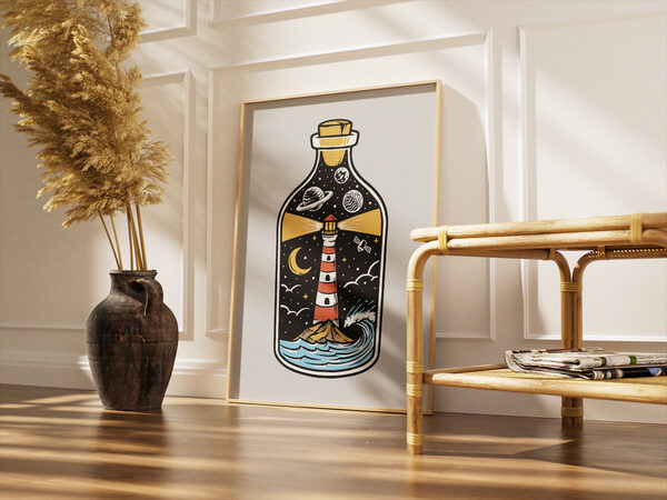 Whimsical vector illustration of a lighthouse on an island with planets, moon, and stars inside a glass bottle.