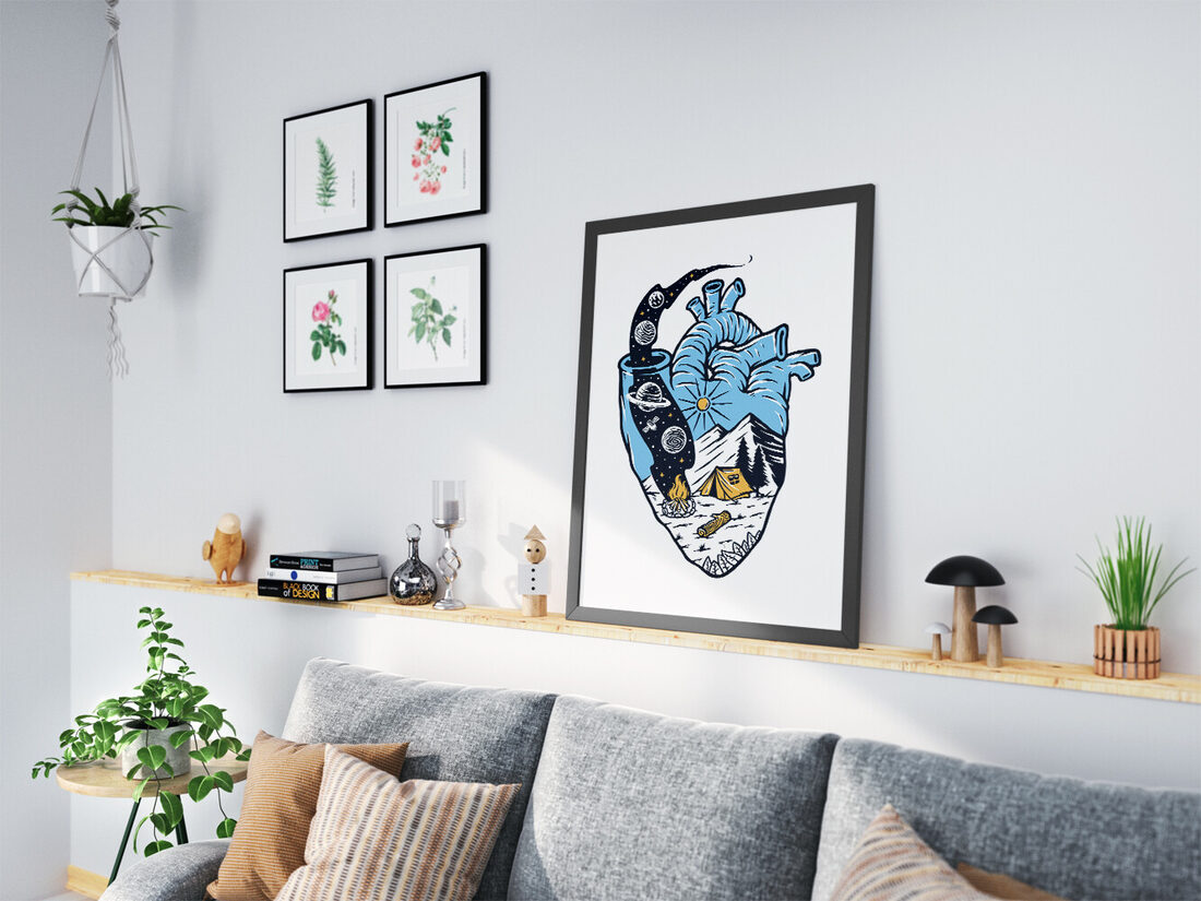 Illustration of an anatomical heart filled with a night sky and planets on the left, and a mountain camping scene on the right.