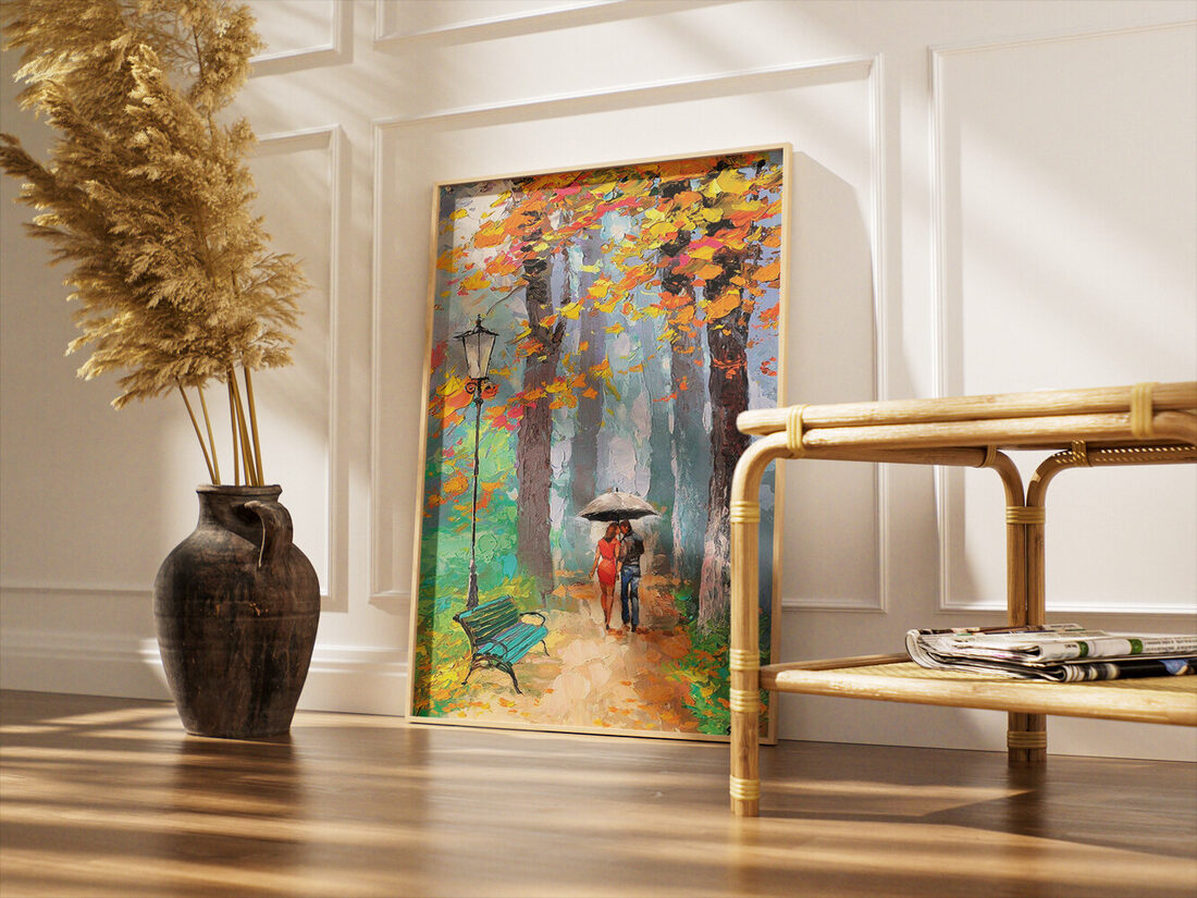 Impasto oil painting of a couple walking under an umbrella on a path in a misty autumn park with colorful trees and a bench.