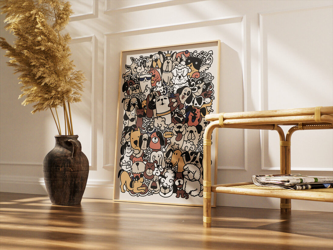 A dense, whimsical doodle illustration featuring numerous cartoon dogs of various breeds and colors, some with accessories, all intertwined in a cheer