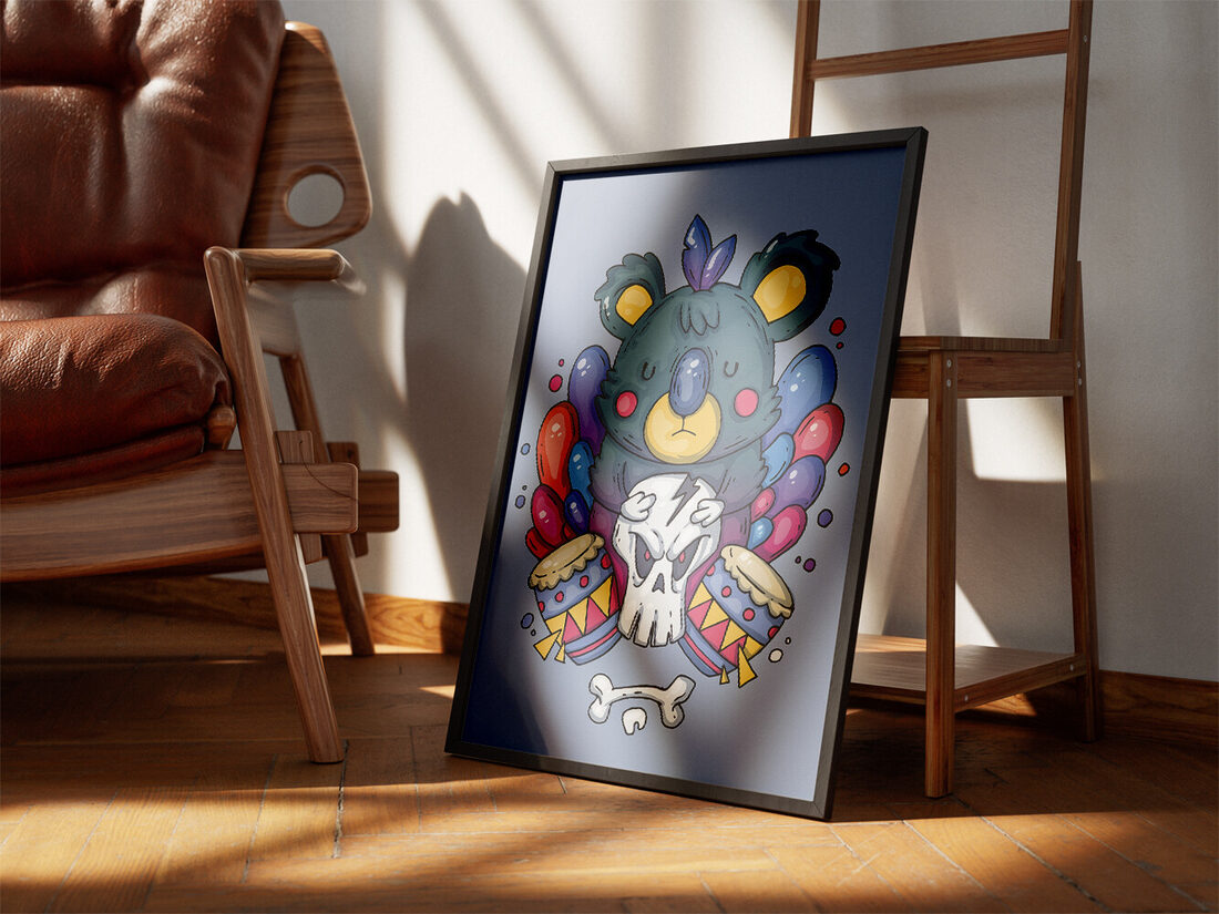 Cartoon illustration of a sleepy blue koala with a feather, sitting on an angry white skull flanked by tribal drums and abstract shapes.