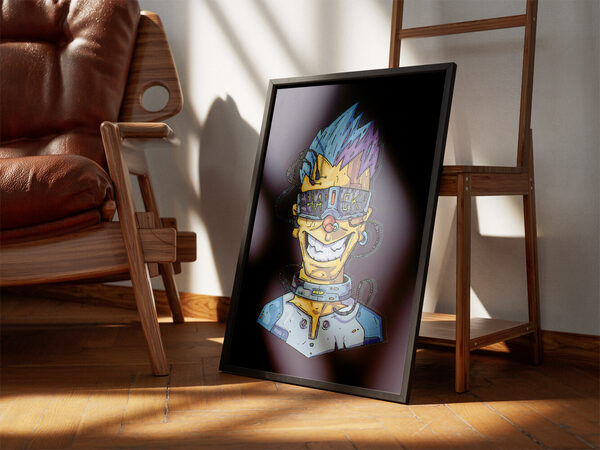 Digital illustration of a grinning cyberpunk character with blue spiked hair, 'HACK' goggles, and cybernetic details.