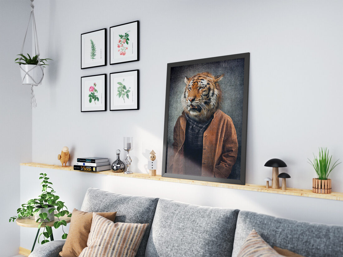 Anthropomorphic portrait of a tiger wearing a brown leather-like coat and a plaid scarf against a textured gray background.
