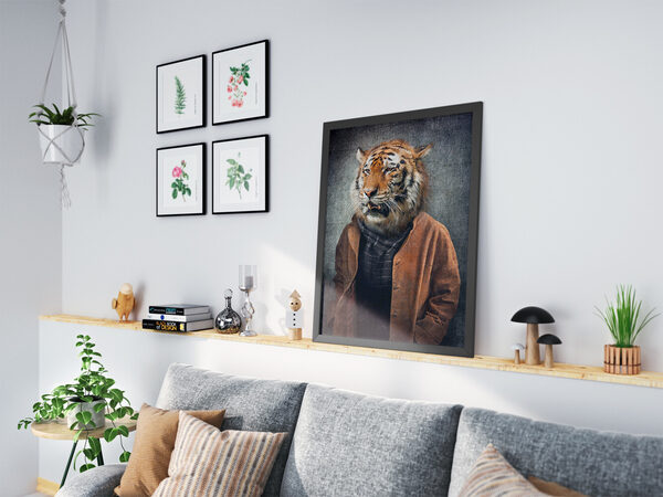 Anthropomorphic portrait of a tiger wearing a brown leather-like coat and a plaid scarf against a textured gray background.