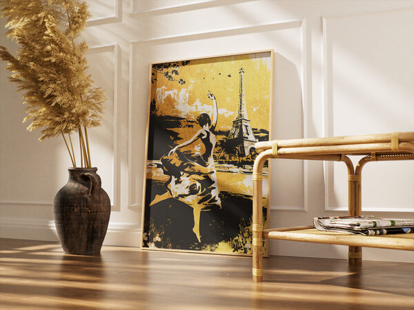 Stylized black and gold artwork of an elegant dancer posing in front of the Eiffel Tower and Seine River.