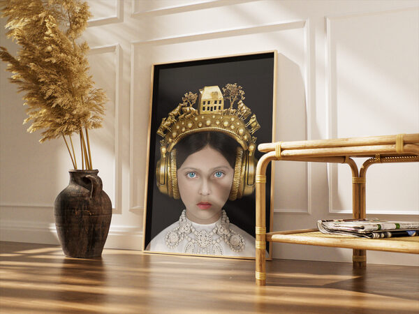 Close-up portrait of a young girl with striking blue eyes, wearing an elaborate golden headphone crown featuring a house and animals.