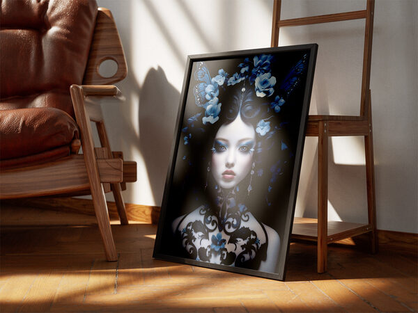 A detailed portrait of a woman with blue floral headpiece, blue butterflies, and ornate blue and black bodice.