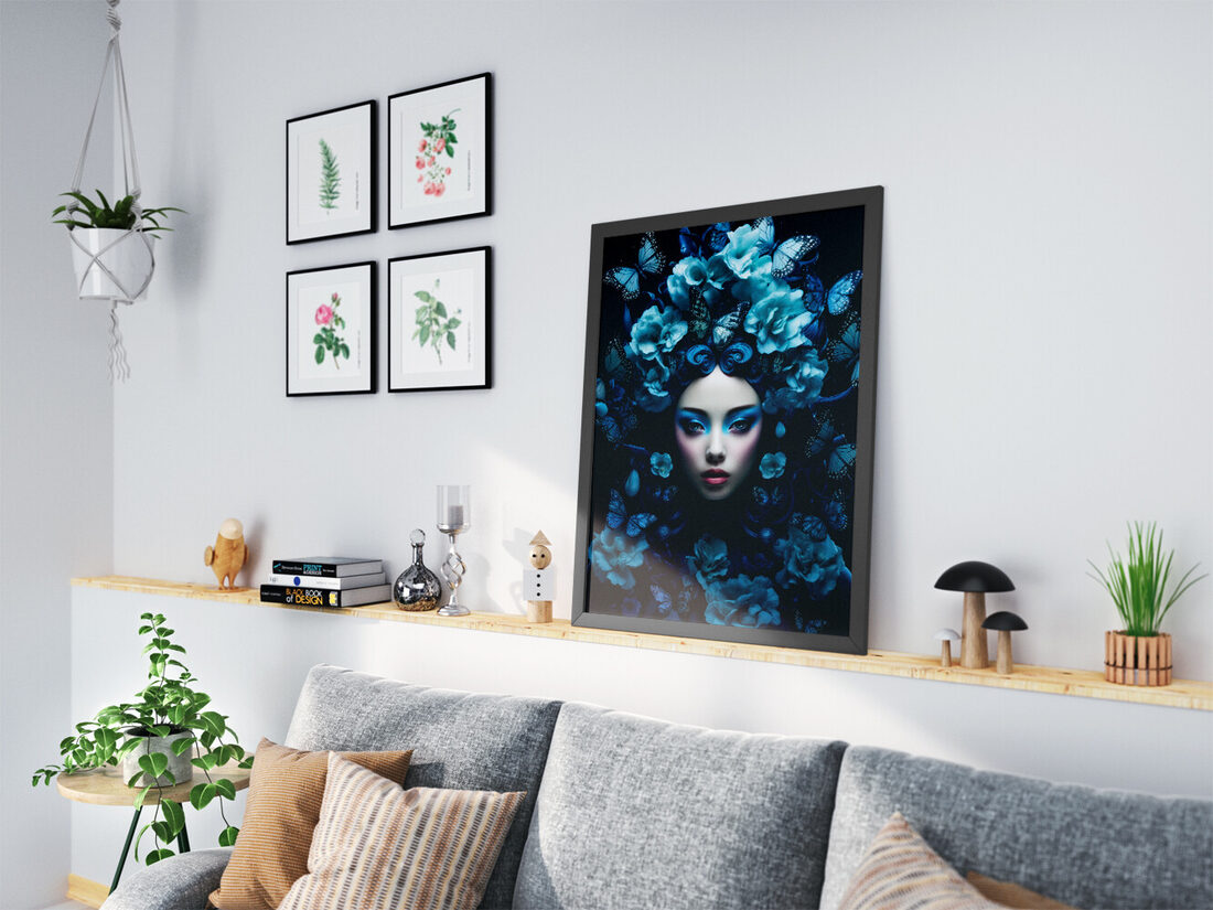 Digital art portrait of a woman with pale skin, bold blue eyeshadow, surrounded by intricate blue flowers and butterflies.