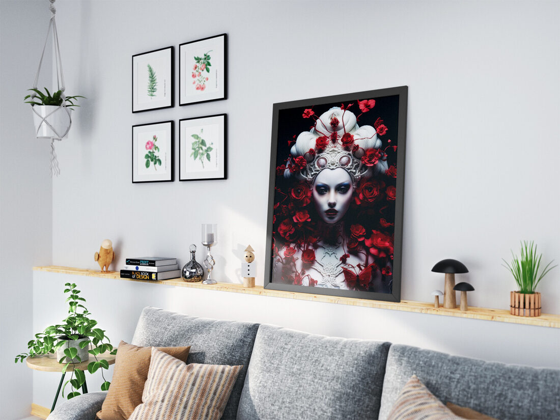 A surreal portrait of a doll-like figure with white hair, red roses, and a red butterfly on a black background.