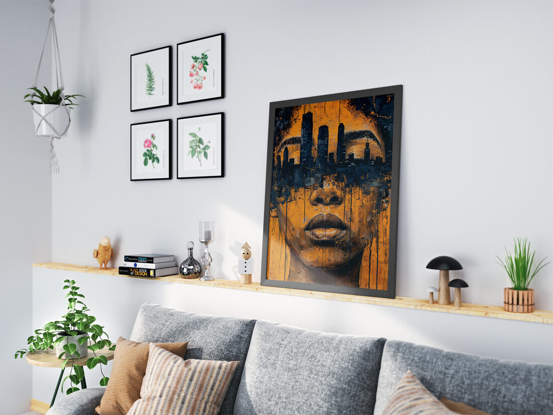 Vibrant expressionistic painting of a person's face merged with a dark urban cityscape, featuring golden yellow and black.