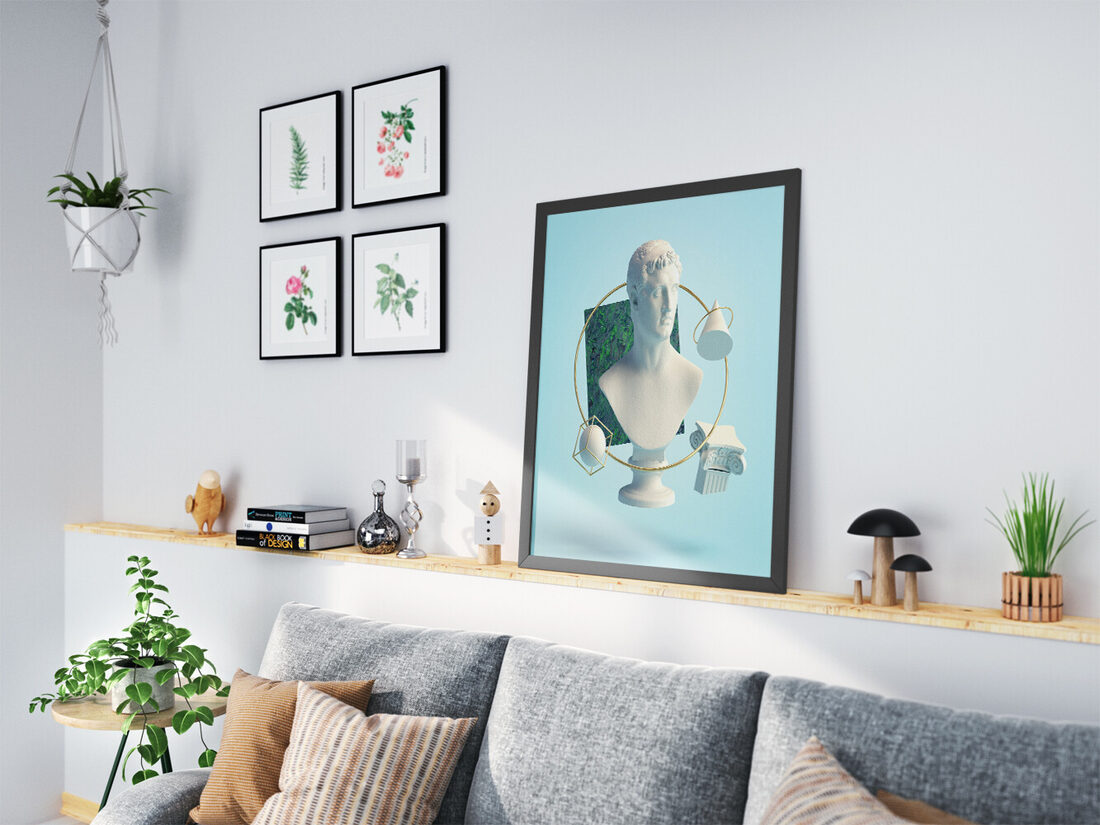 White classical bust surrounded by floating gold ring, geometric cube with sphere, cone, and marbled green square.