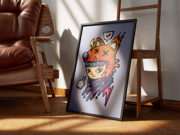 A cartoon character wearing an orange fox hat with X eyes, purple hair, and a dripping purple scarf with lightning bolts.