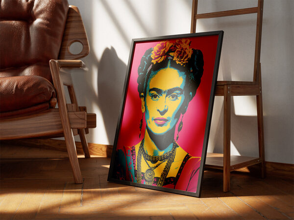 Frida Kahlo'nun saçında güller ve geleneksel takılar bulunan, sarı, turkuaz ve pembe tonlarında canlı bir Pop Art portresi.