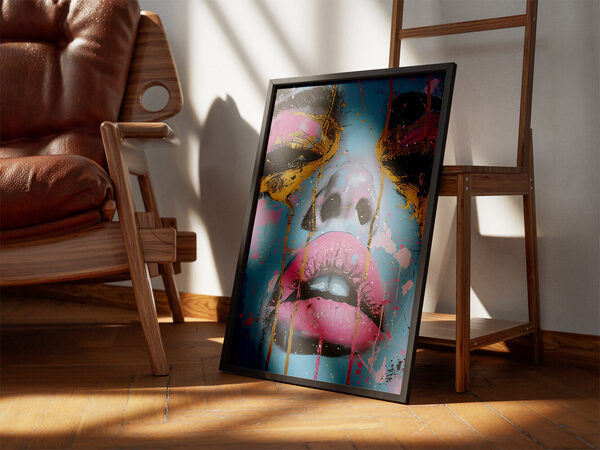 Close-up pop art painting of a woman's face with pink eyeshadow, dramatic lashes, pink lips, and gold tear streaks.