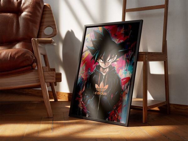 Digital illustration of Goku from Dragon Ball Z in a black Adidas hoodie against a vibrant pink and blue graffiti background.