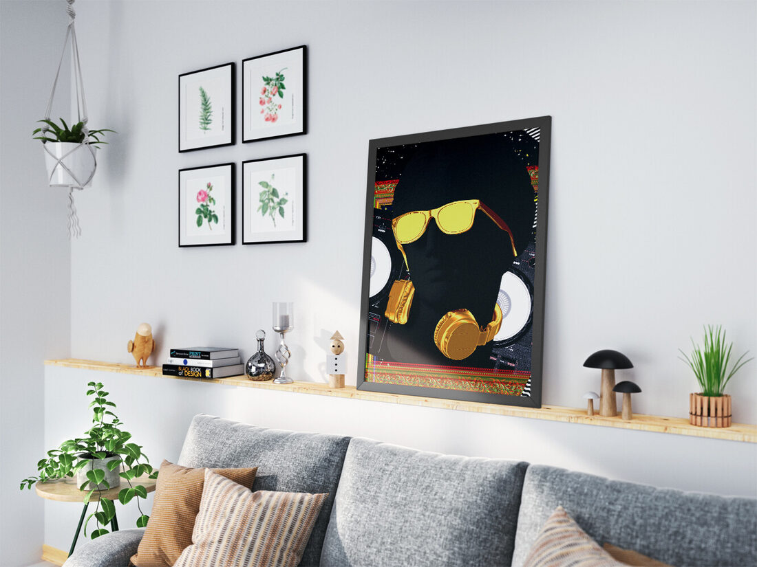 Digital art of a matte black bust with gold sunglasses and headphones, surrounded by DJ equipment and starry background.