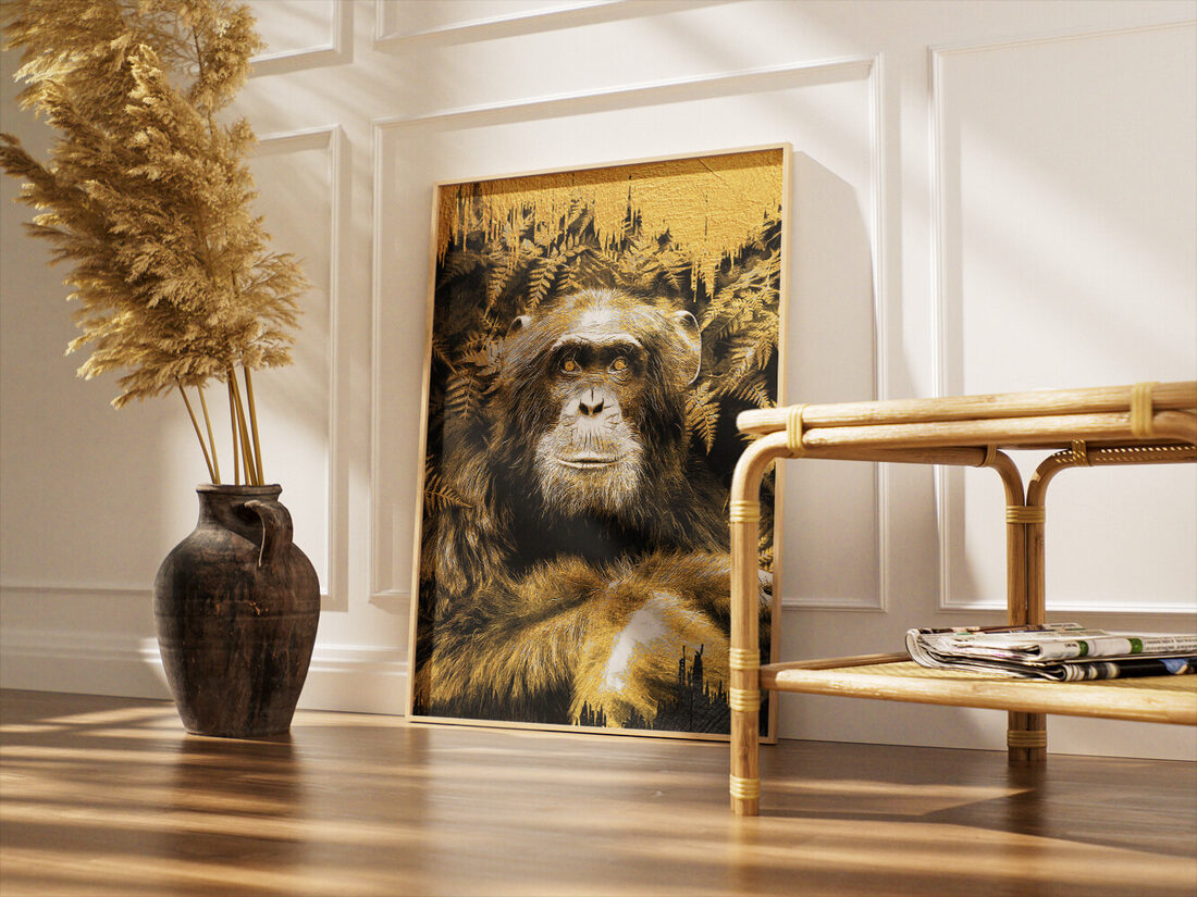 Striking digital art portrait of a chimpanzee with golden fur and glowing eyes against a dark, textured golden jungle background.