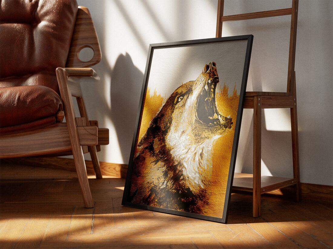 Stylized golden wolf howling with mouth open, against a textured white and gold background.