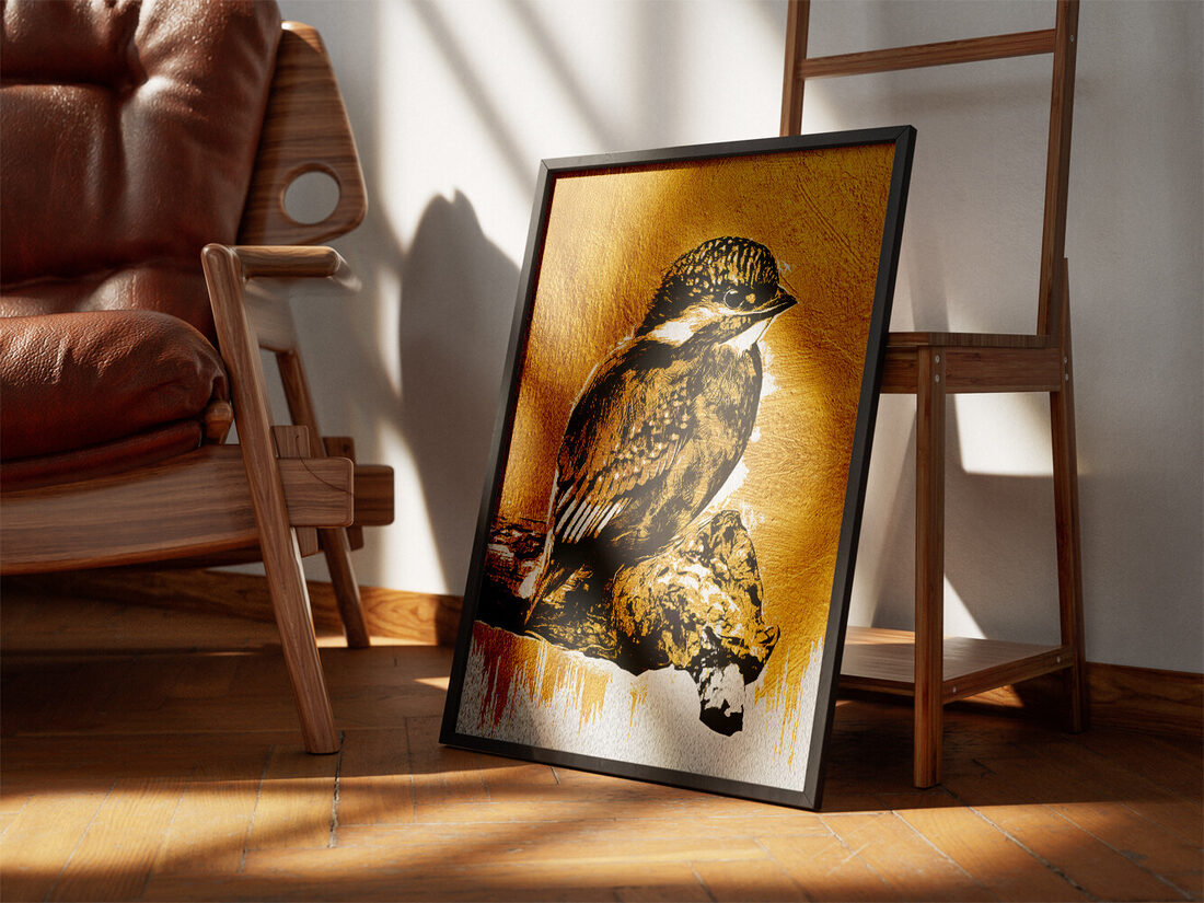 Stylized mixed media artwork of a kingfisher with black details on a textured metallic gold background, perched on a branch.