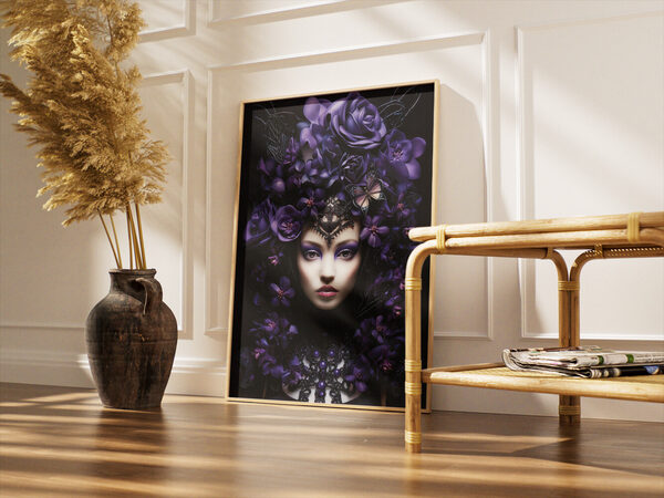 Digital art portrait of a woman with pale skin, purple eyeshadow, and elaborate purple floral headdress with a black lace mask and butterfly on a dark