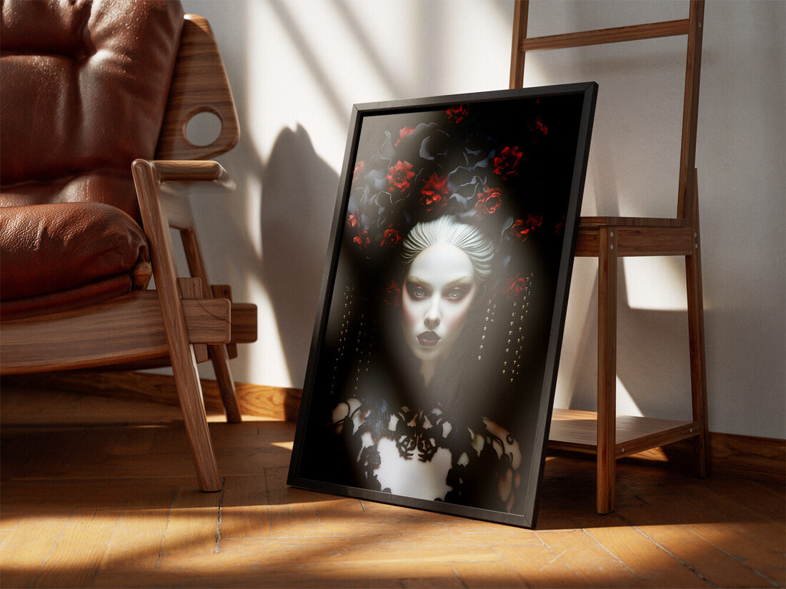 A pale woman with white hair and dark makeup wears a large headpiece of black flowers and red roses, with pearl strands.