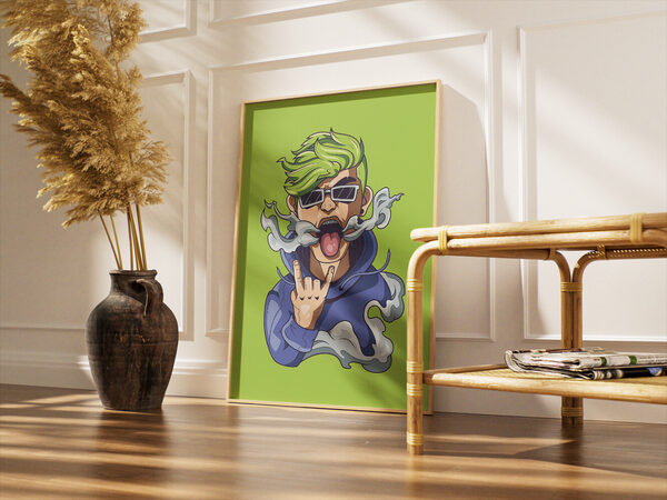 Digital illustration of an edgy young man with bright green hair, sunglasses, blowing smoke, and making a rock-on gesture.