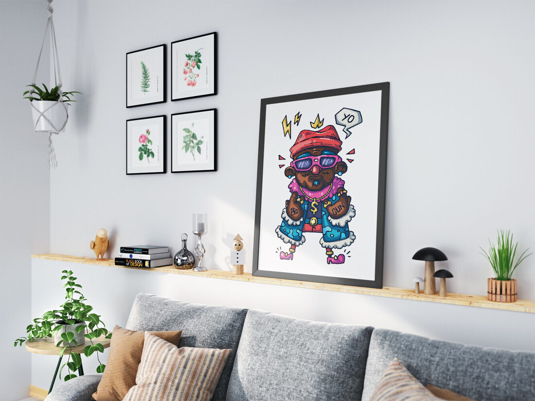 Vibrant cartoon illustration of a hip-hop character with pink sunglasses, dollar chain, red beanie, saying 'YO'.