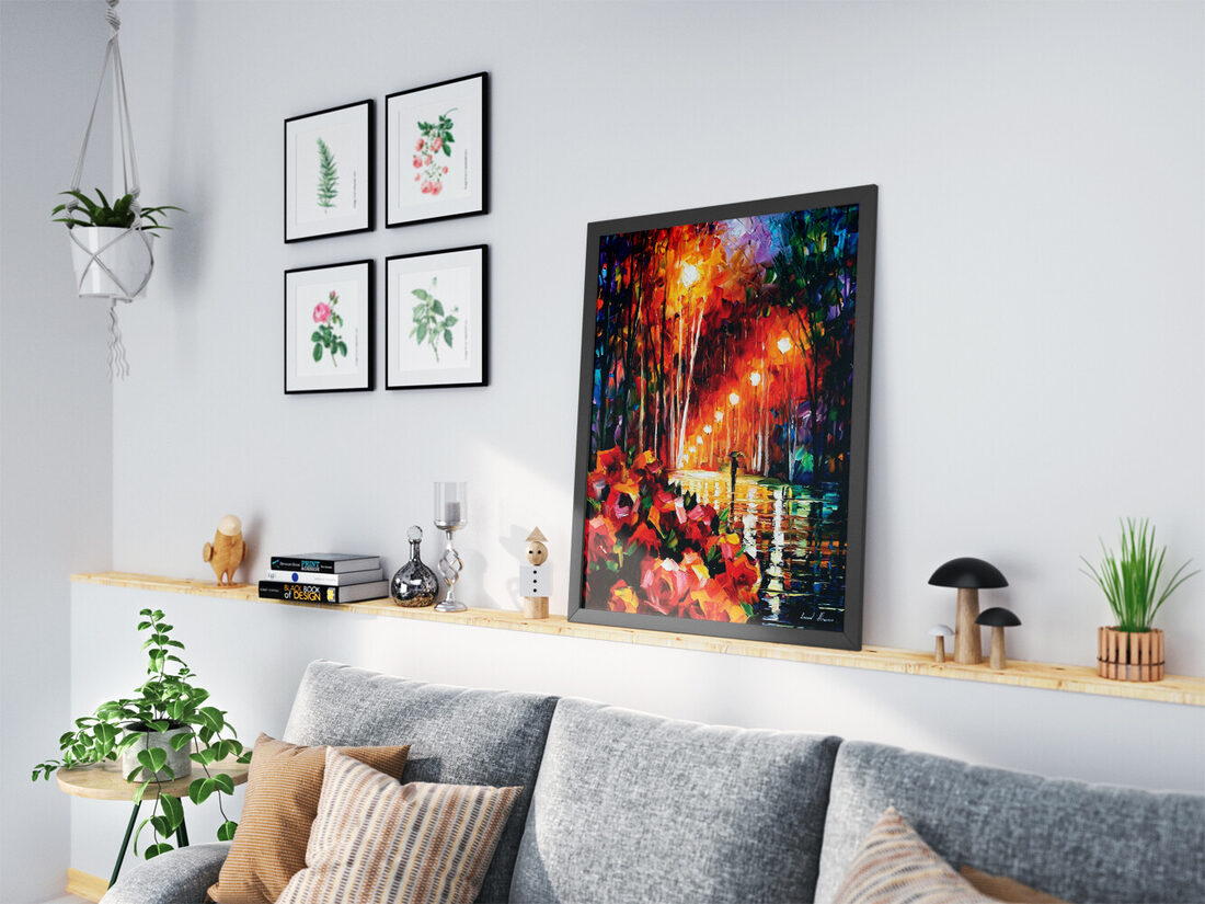 Vibrant impasto oil painting: figure with umbrella on rainy street with lampposts, colorful trees, and foreground flowers.